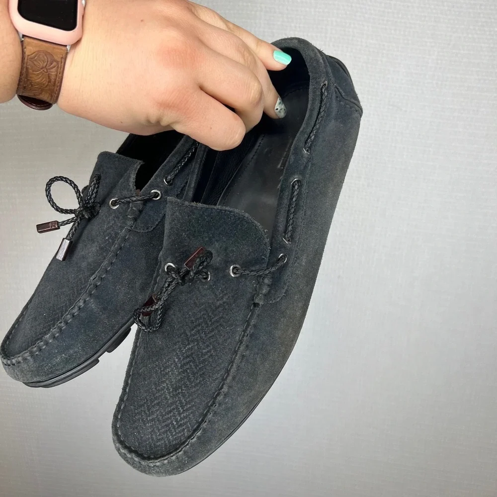Ermenegildo Zegna Mens Black Suede Herringbone Driving Loafers Size 9 EU 10 US